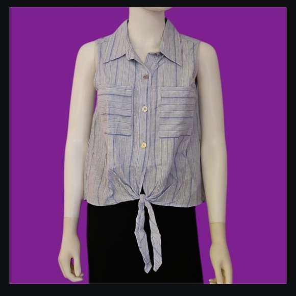 MICHAEL KORS Striped Waist Tie Sleeveless Button Down Linen Shirt - Picture 1 of 10
